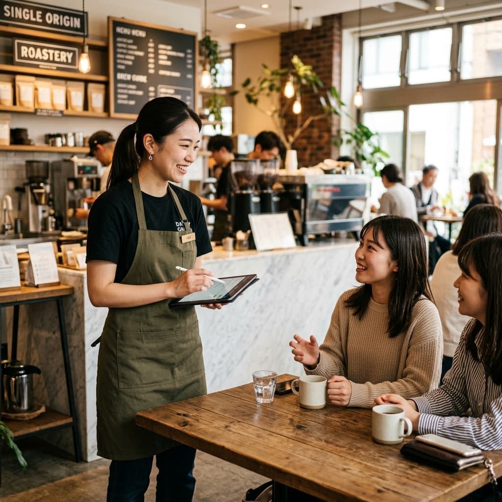 Asian female server taking an order in a coffee shop