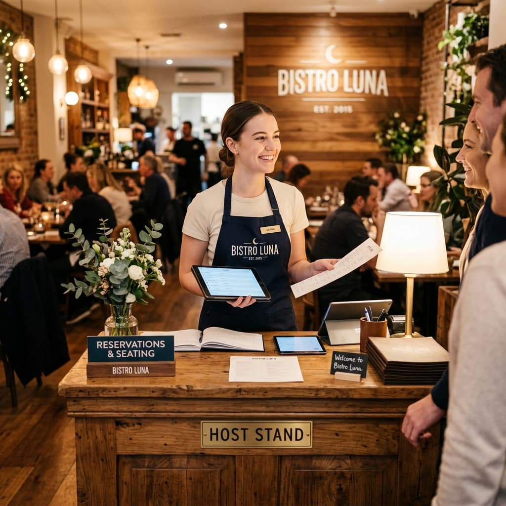Female host standing at a restaurant check-in stand