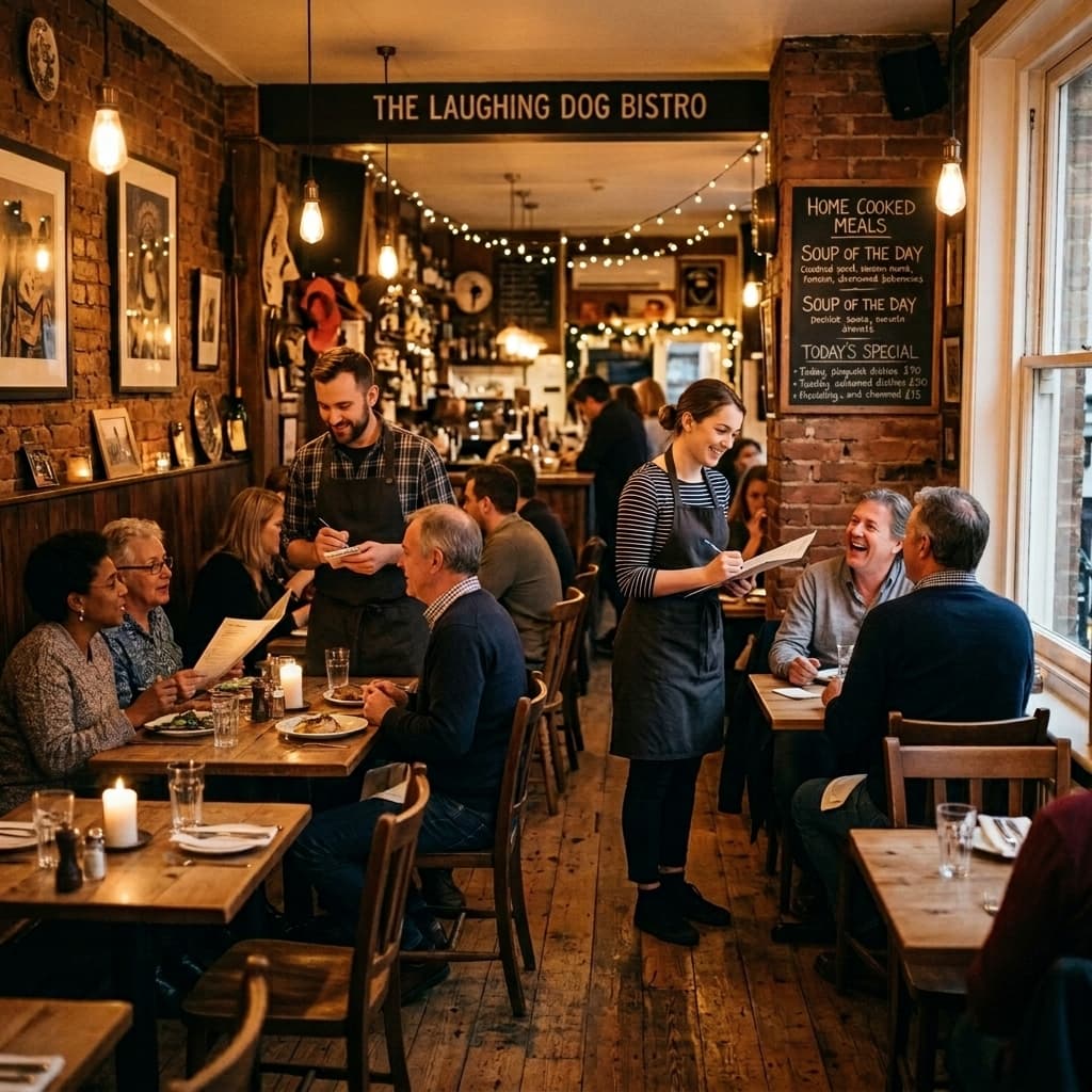 Warm cozy local restaurant with servers