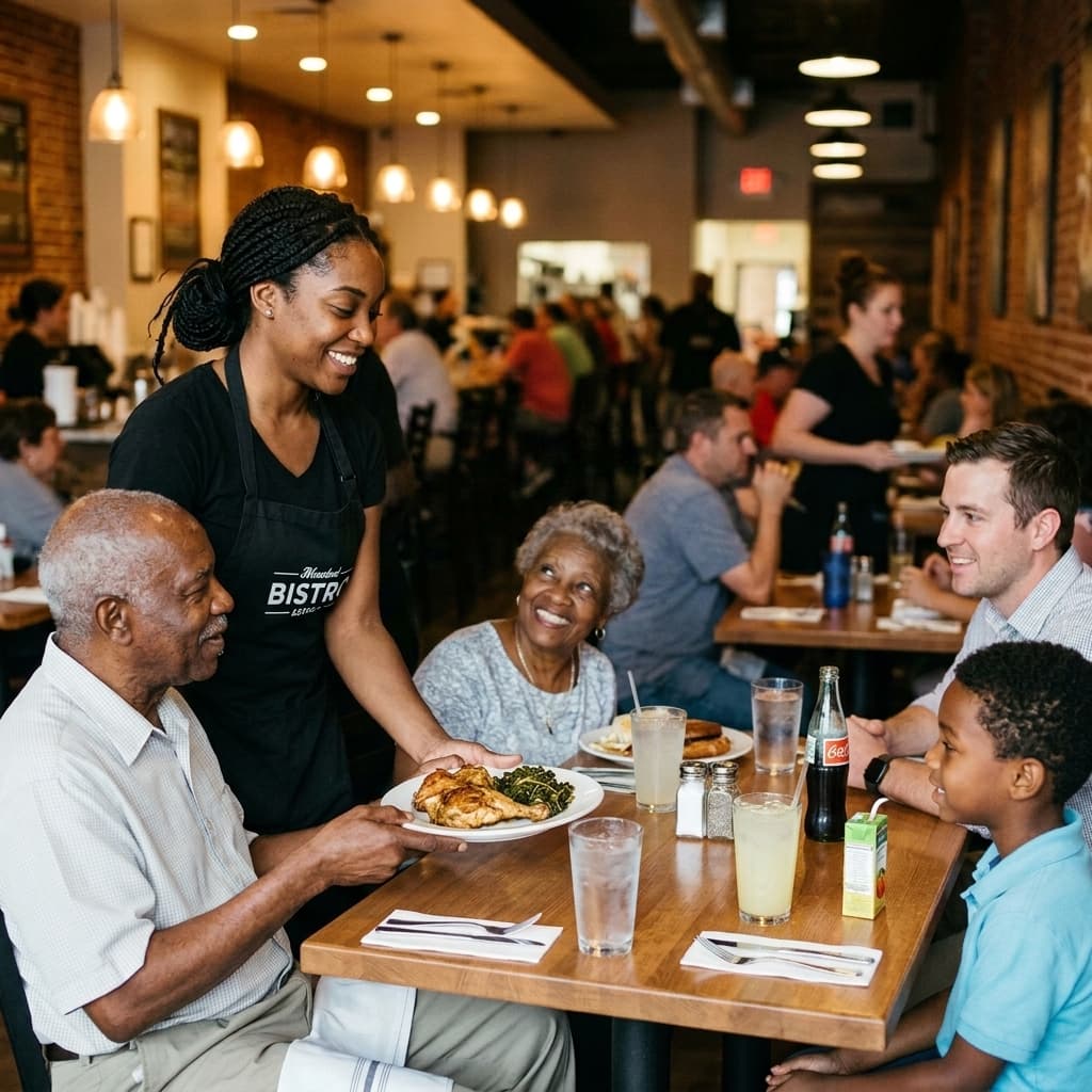 African American female server delivering food to a table